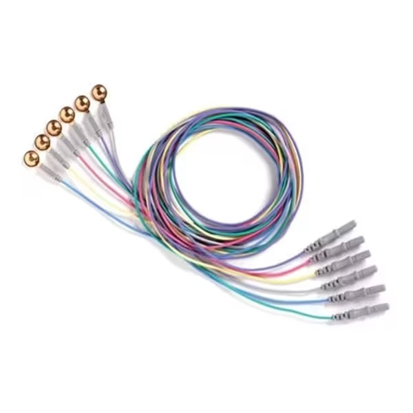 Electrodos copa de oro para EEG de la marca Beracah Medica, paquete con 12 unidades, con cables y terminales visibles.