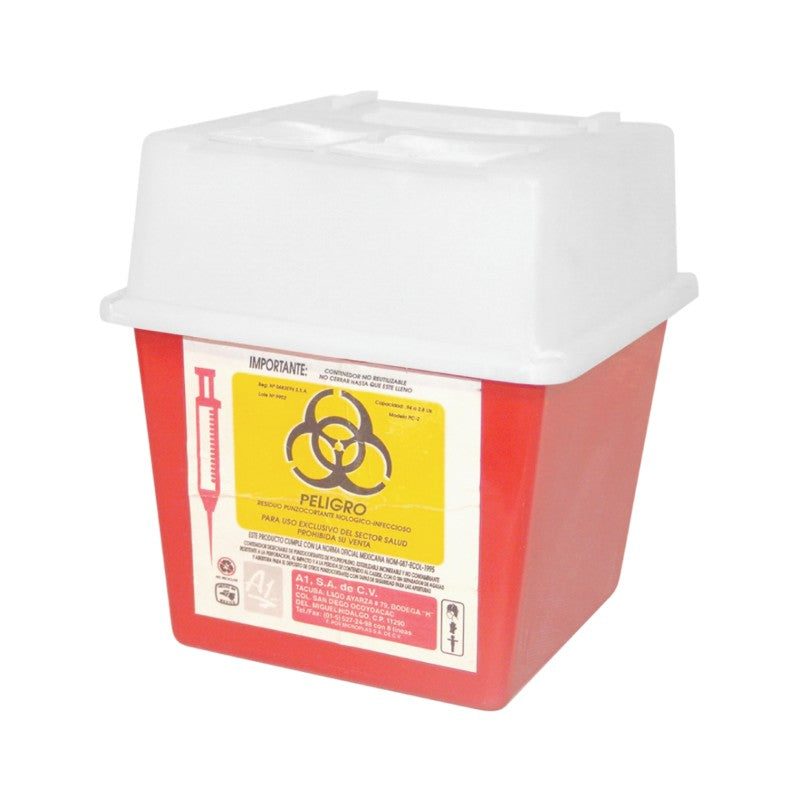 Contenedor de punzocortantes de polipropileno Beracah Medica, capacidad de 2 litros, para residuos punzantes y cortantes.