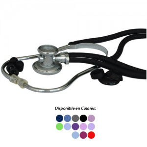 Estetoscopio Rappaport de la marca Beracah Medica con diagrama en las olivas y tubo flexible para uso médico.