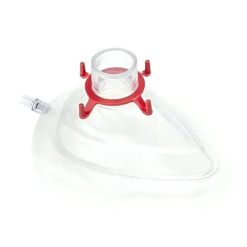 Mascarilla facial adulta mediana rojo con cojín de aire y válvula, para anestesia, marca Beracah Medica, caja con 10 piezas.