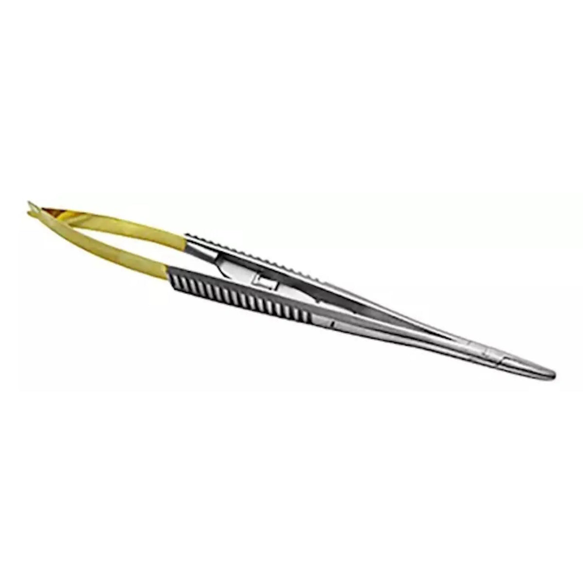 Porta agujas recto de 13cm de Beracah Medica con insertos de carburo de tungsteno, ideal para cirugías precisas.