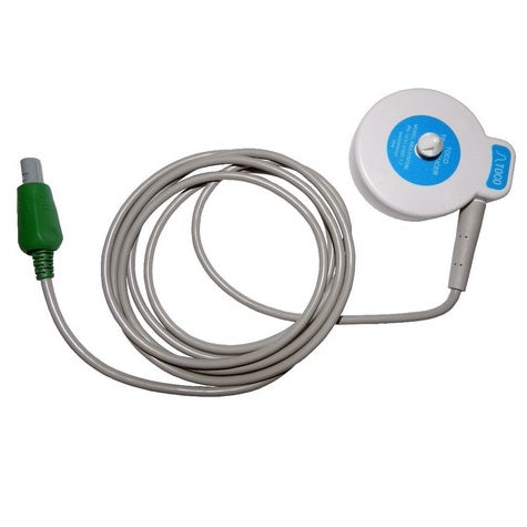 Transductor de color azul para tococardiógrafo F3 de Beracah Médica, accesorio para monitoreo fetal y cardiotocografía.