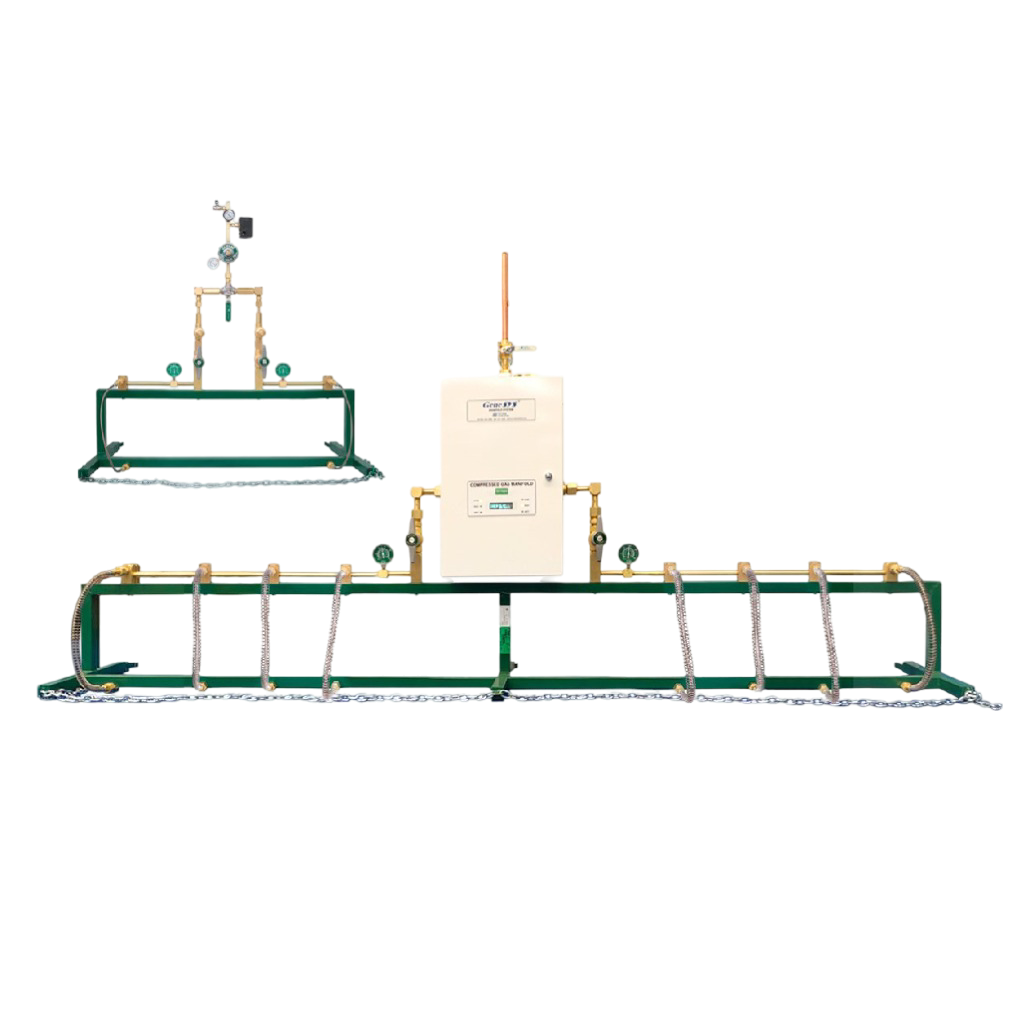 Manifold con cambiador automático 10x10 de Beracah Médica, con línea de vida de oxígeno y componentes visibles.
