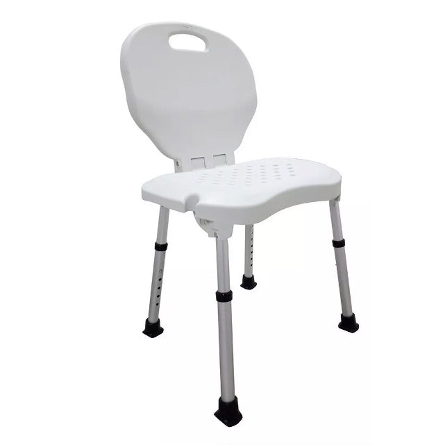 Silla para ducha de aluminio ajustable y plegable de la marca Beracah Medica, con asiento y patas antideslizantes.