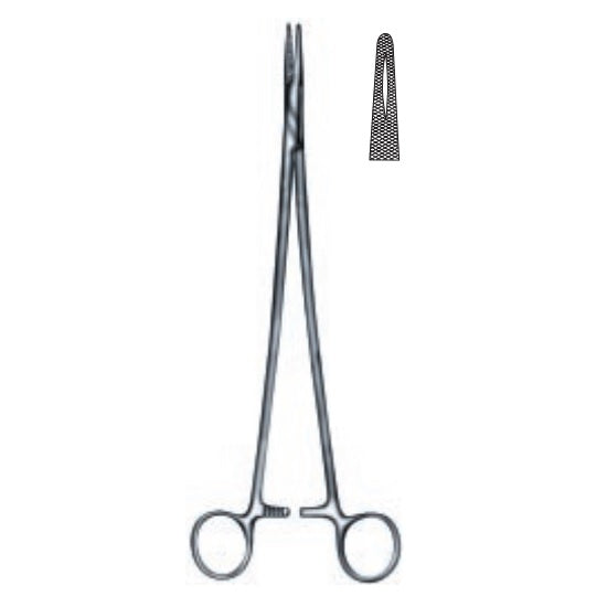 Porta agujas de Mayo Hegar de 20 cm de la marca Beracah Medica, con mango metálico y diseño ergonómico.