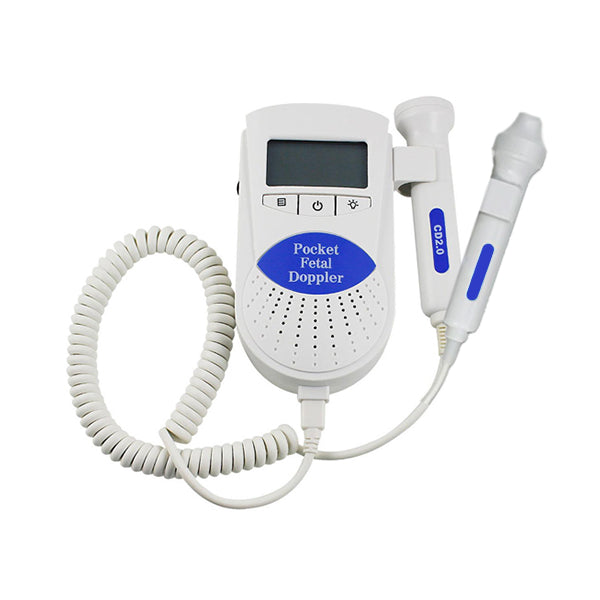Detectores fetales Beracah Medica, kit de doppler de bolsillo con transductores vascular de 8 MHz y fetal de 2 MHz, en uso.