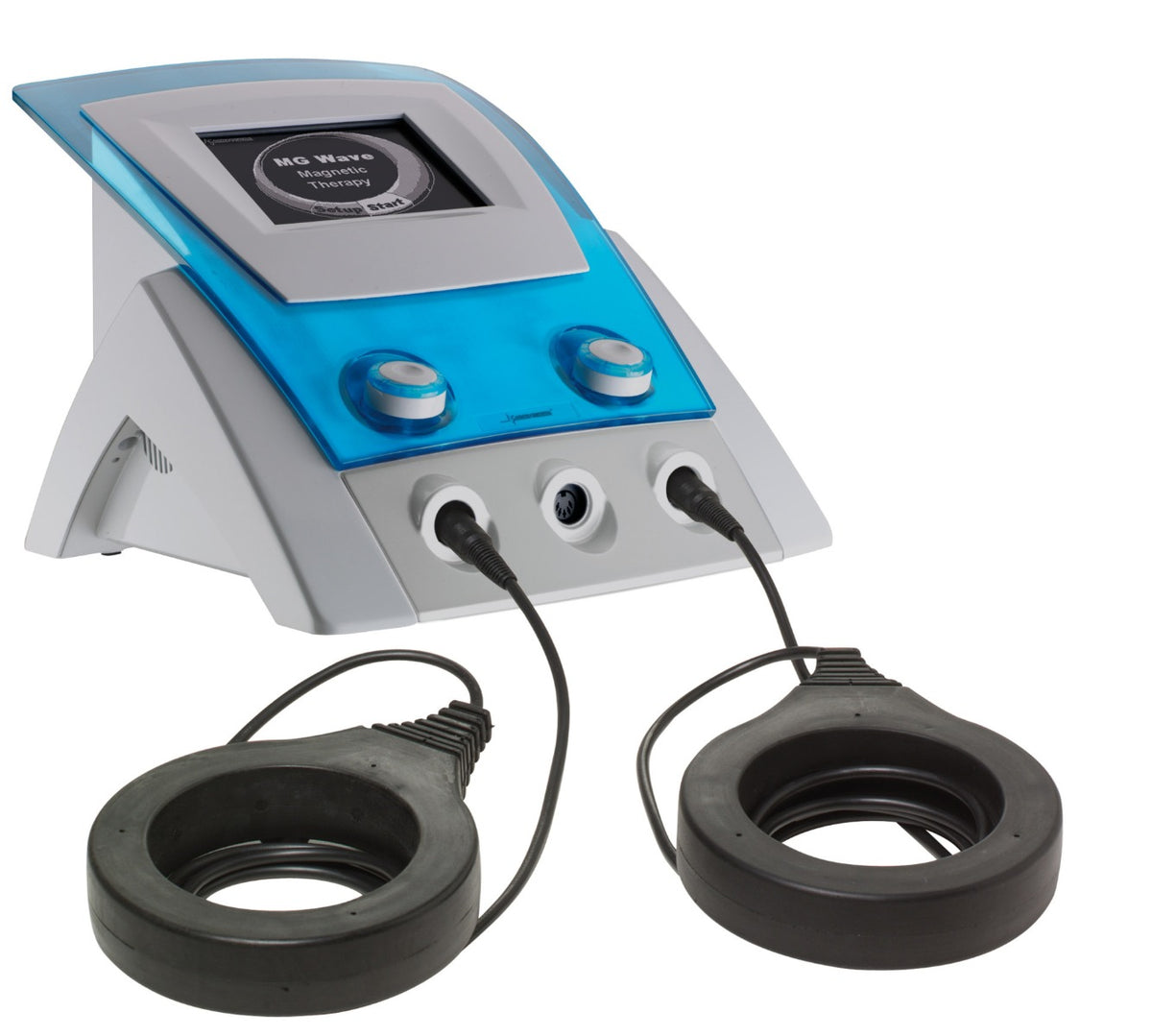 Unidad de magnetoterapia MG Wave evo de Beracah Medica, con dispositivo portátil y panel de control para tratamiento de dolor.