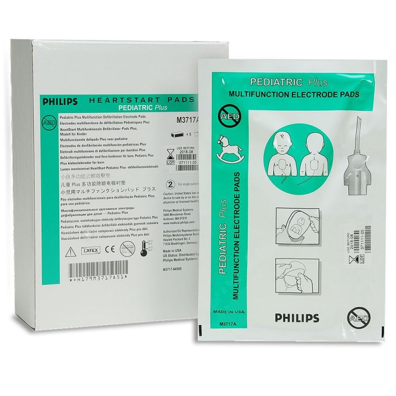 Parche electrodo pediátrico para marcapasos externo con conector plano para desfibrilador FRX, caja con 5 piezas.
