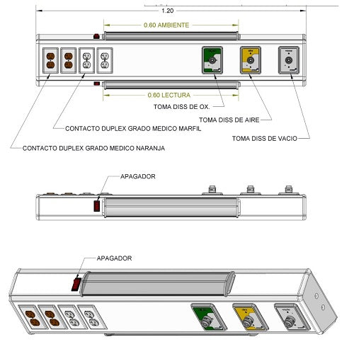 Consola de cabecera horizontal 120cm de longitud 3 tomas (oxigeno/aire/vacío) 4 contactos duplex grado medico
