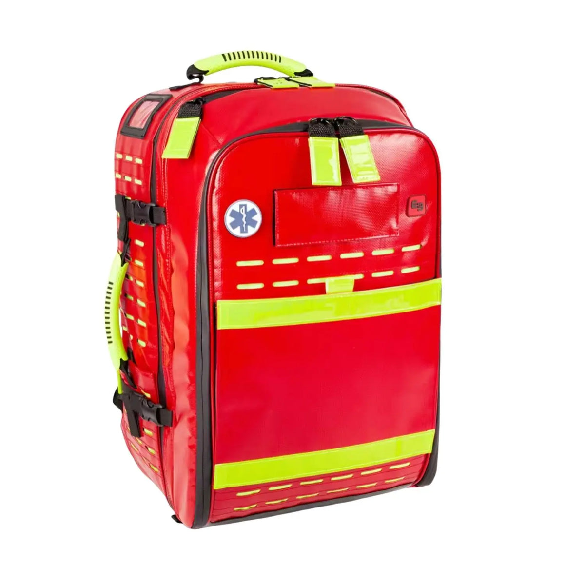 Mochila táctica sanitaria modulable Beracah Medica SVB/SVA Tarpaulin roja, vista frontal, con compartimentos y correas ajustables.