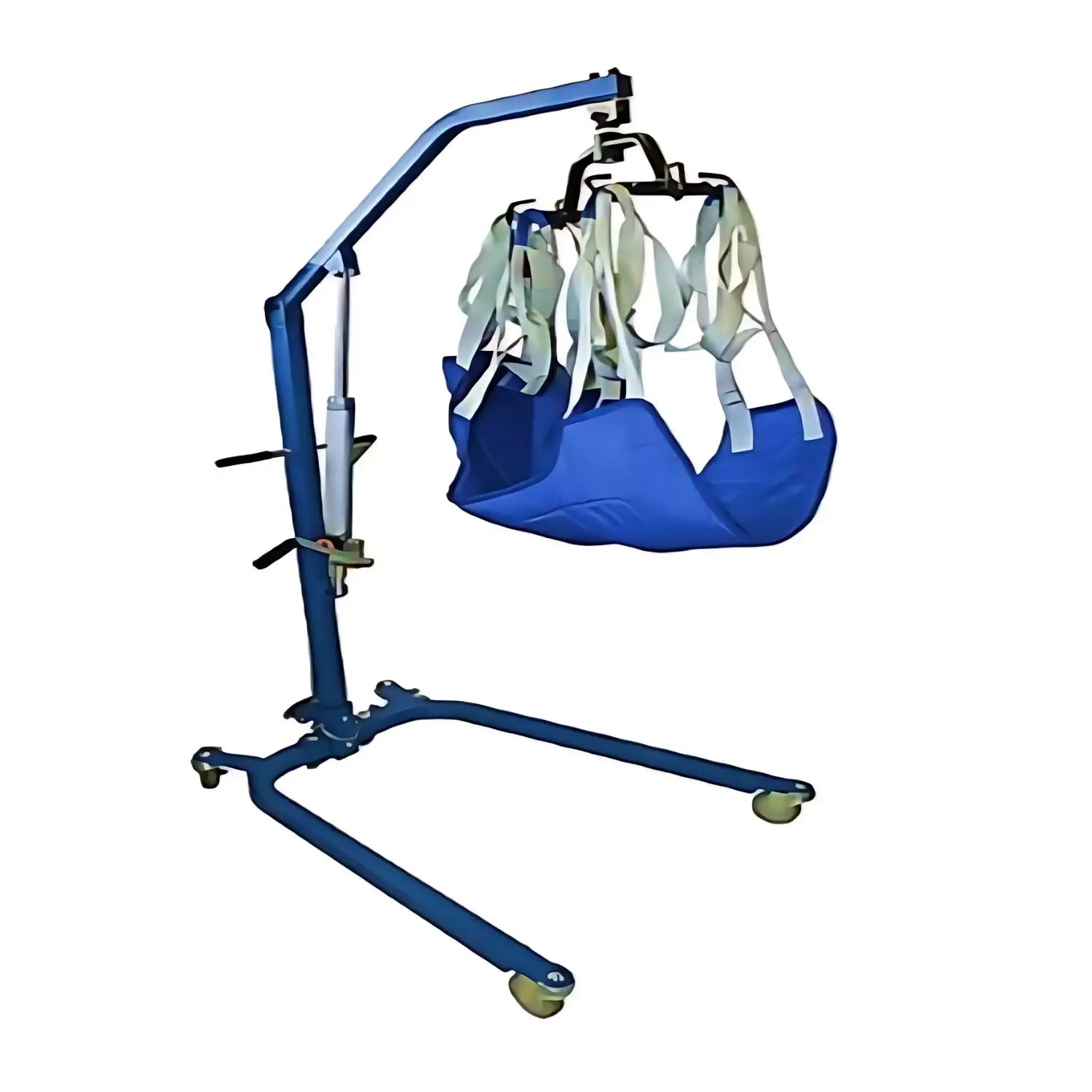 Grua manual para transporte de pacientes de 150 kg de la marca Beracah Médica, con estructura y cinturones de seguridad visibles.