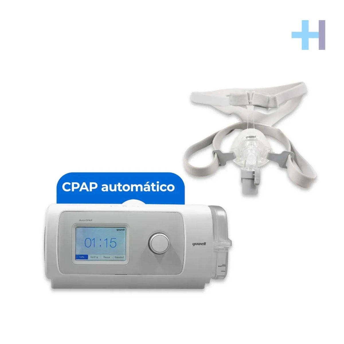 Respirador CPAP automático Beracah Medica RY450 con mascarilla y estuche, muestra el dispositivo y accesorios en uso.