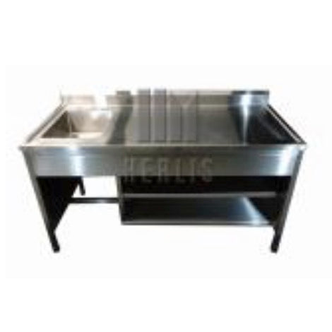 Mesa alta MSI de 120 cm con respaldo y fregadero derecho en acero inoxidable, ideal para uso en cocina o laboratorio.