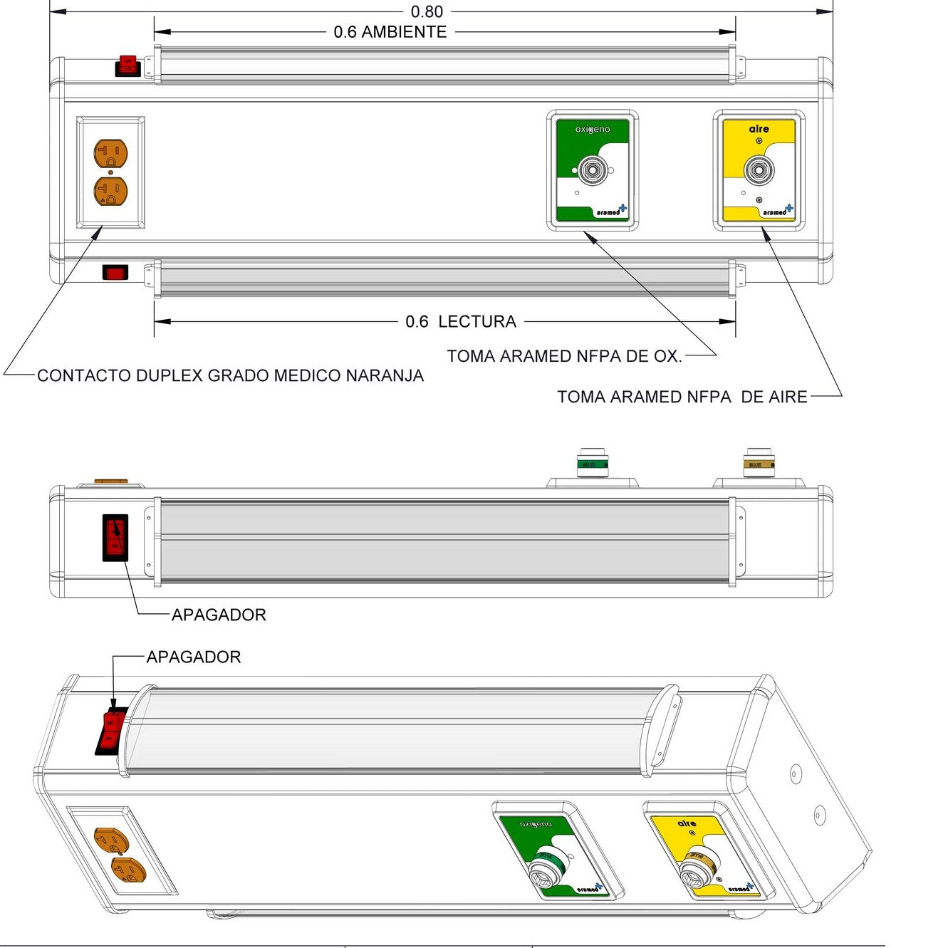 Consola 4 v delta de 80 cm básica tomas oxigeno/aire tipo NFPA, 1 contacto duplex y lámparas lectura y ambiental con dos apagadores sencillos