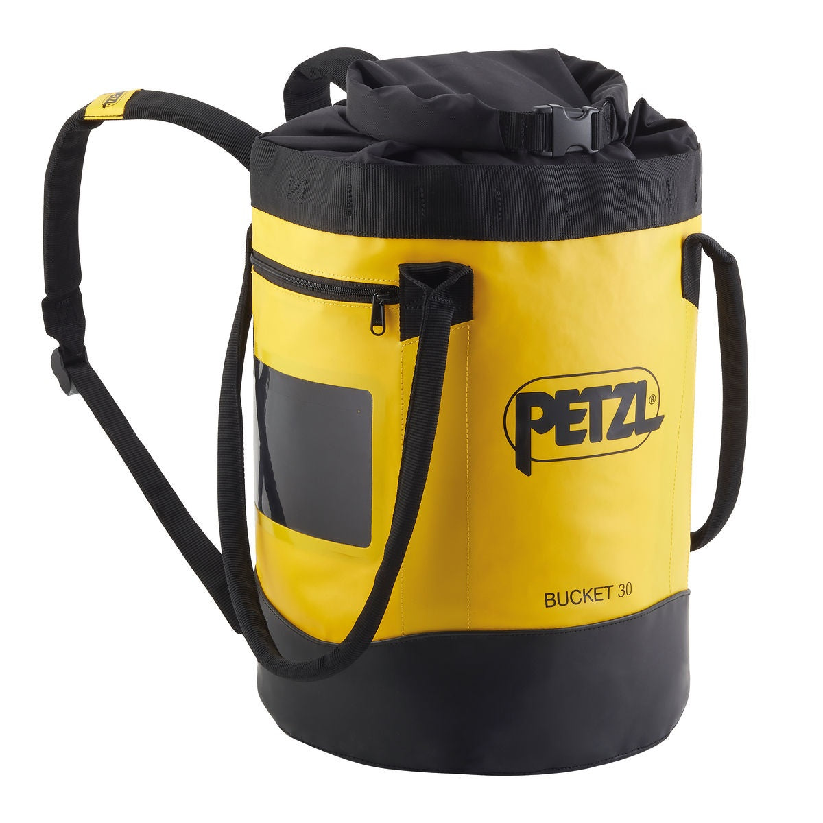 Mochila Bucket de 30 litros en color amarillo para emergencias y rescate, marca Beracah Médica, con asas y compartimentos.