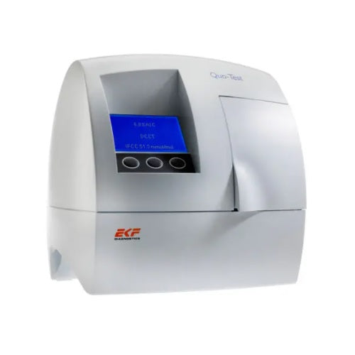 Analizador de hemoglobina glicosilada POC Quo-Test de Beracah Medica, dispositivo portátil para análisis de sangre.