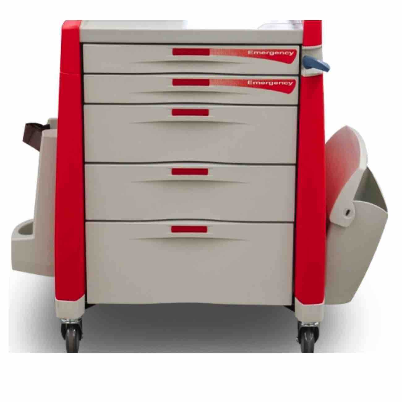Carro rojo de emergencia Beracah Médica de plástico ABS con 5 cajones, tamaño 81x64x110 cm, modelo LUA-S023.