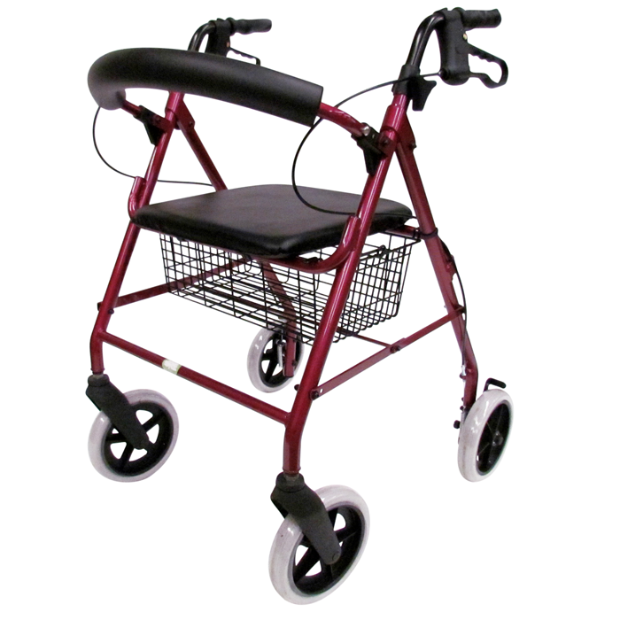 Andadera rollator roja Beracah Medica con canastilla y llantas 8x1, estructura resistente y maniobrable para movilidad segura.