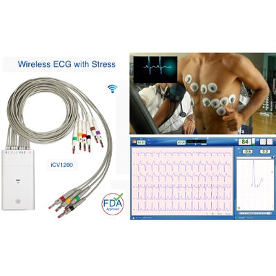 Electrocardiógrafo inalámbrico Beracah Medica CV1200 CardioView para computadora, con pantalla y cables conectados, en uso.