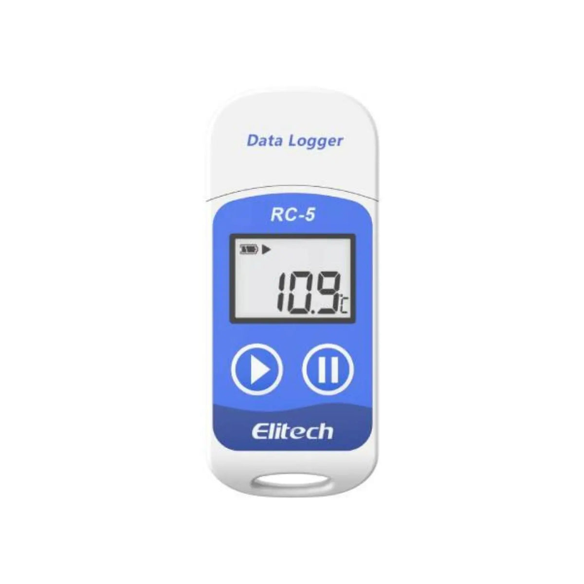 Registrador de datos de temperatura RC-5+ de Beracah Medica, con pantalla y botones para descarga manual de datos.