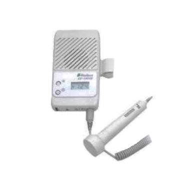 Doppler fetal Mini MSI Beracah Medica con transductor de 2.0 MHz, muestra el dispositivo portátil y su transductor en uso.