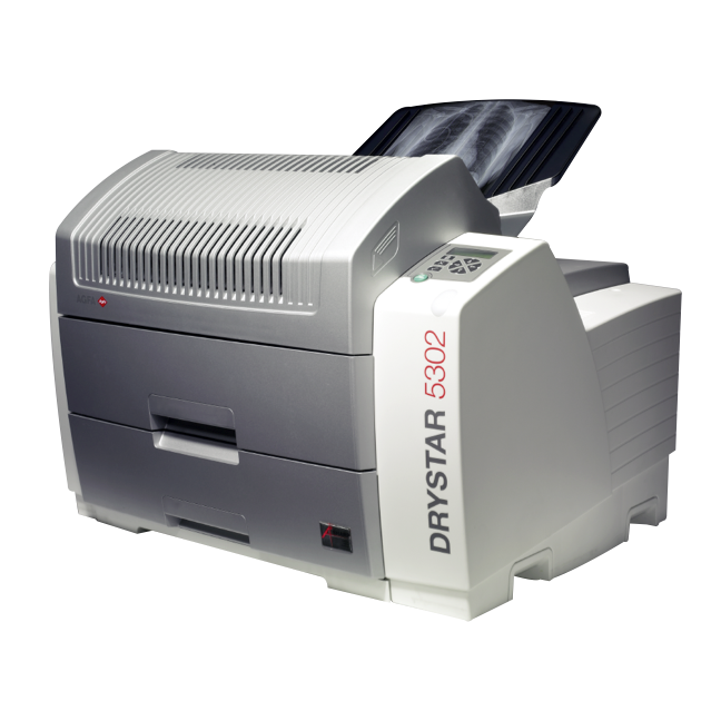 Impresora digital Beracah Medica DryStar 5302 con 2 bandejas adaptables, vista frontal, diseño compacto y funcional.