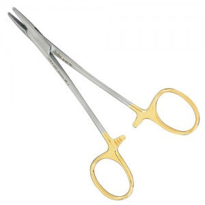 Porta agujas Mayo-Hegar de 5 pulgadas de tungsteno, herramienta médica de precisión, en color plateado y mango ergonómico.