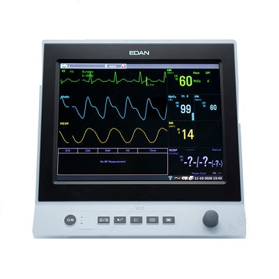 Monitor para paciente de signos vitales de 12" serie X de Beracah Medica con pantalla táctil y parámetros básicos.