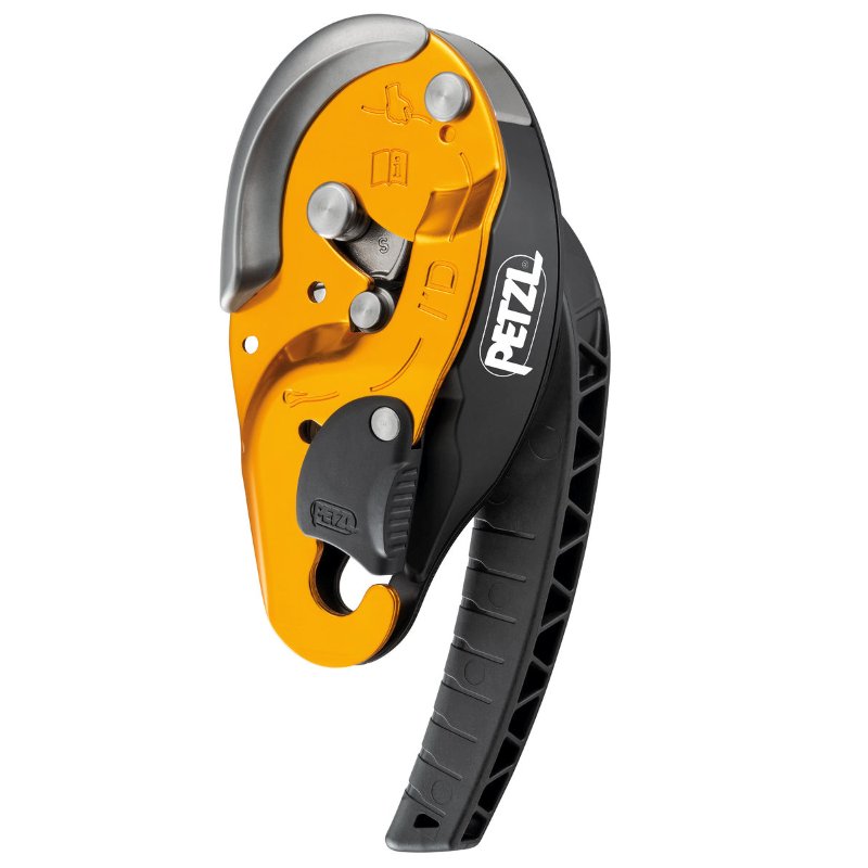 Descensor autofrenante I’D® S para cuerda de 10-11.5mm de color amarillo, equipo de rescate de la marca Beracah Medica.