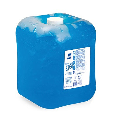 Gel para ultrasonido hipoalergénico de 5 litros en color azul de la marca Beracah Medica, con textura suave y transparente.