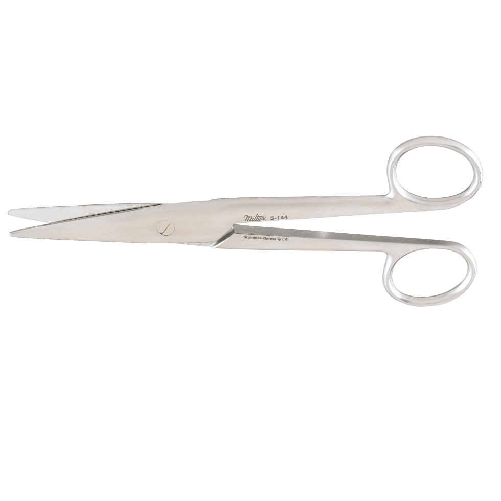 Tijera Mayo-Noble recta de 16.5 cm con puntas roma de la marca Beracah Médica, para corte preciso en procedimientos médicos.