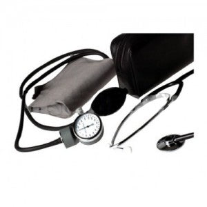 Kit de medición de presión arterial y estetoscopio simple negro de Beracah Medica, incluyendo baumanómetro aneroide y estetoscopio.