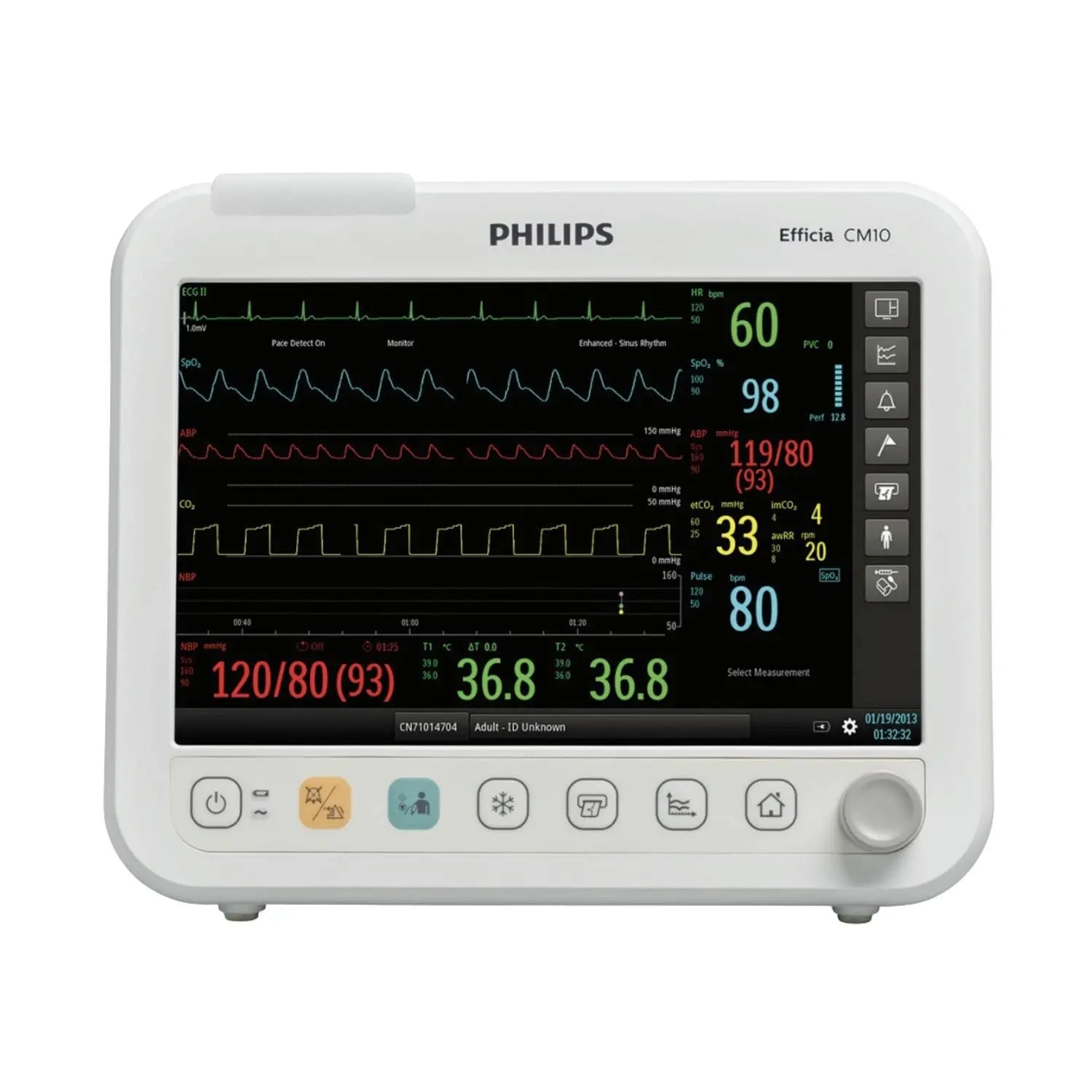 Monitor para paciente Beracah Medica Efficia CM10 con pantalla de 10" para signos vitales, ECG, SpO2, PANI, FC, Temp y Resp.