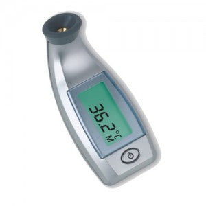 Termómetro digital de frente Beracah Medica con alarma, muestra la pantalla y el sensor para medir la temperatura facial.