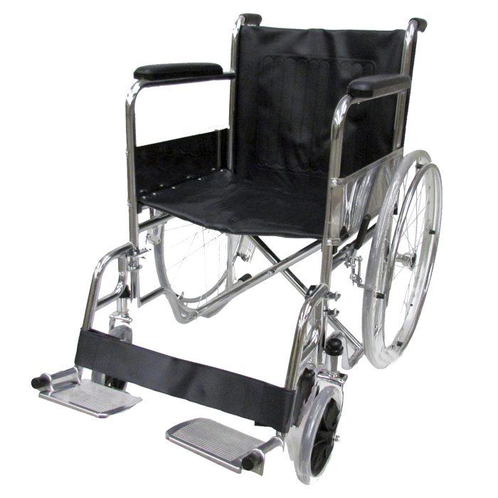 Silla de ruedas estándar de 18 pulgadas con estructura de acero cromado, marca Beracah Medica, visible en la imagen.