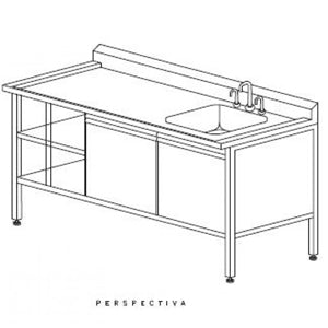 Mesa alta MSI de 150 cm con fregadero derecho, trampa para yeso y vitrina, fabricada por Beracah Medica.