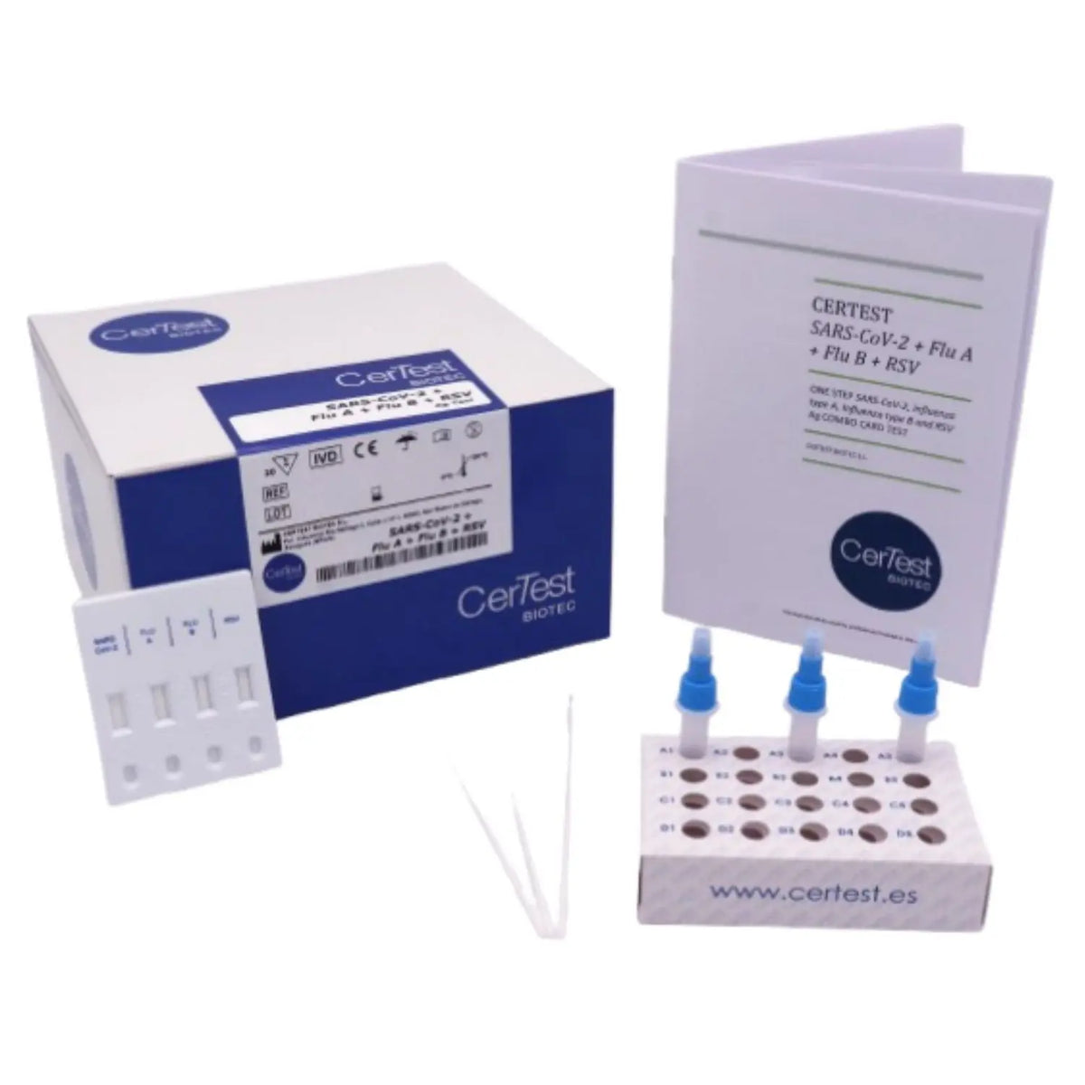 Prueba rápida de Covid-19, RSV e influenza A+B de la marca Beracah Medica, muestra el kit y los resultados en la imagen.
