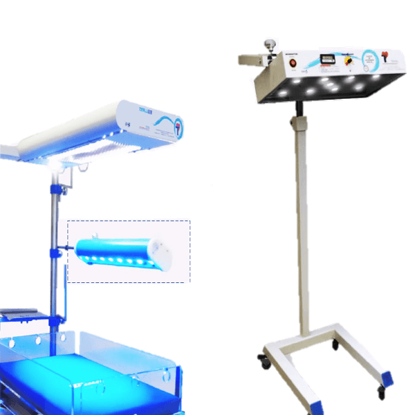 Lámpara de fototerapia Vitalux LED azul con pedestal de Beracah Médica, para tratamientos de luz.