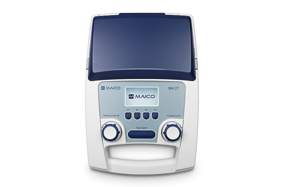 Audiómetro portátil Beracah Medica MA 27E para conducción aérea con software, muestra los botones y pantalla del dispositivo.