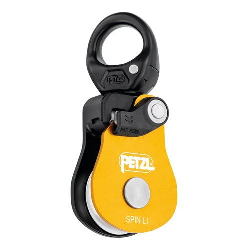 Polea Spin L1 de color amarillo de Beracah Médica, polea de rescate y descensores para actividades de rescate y seguridad.