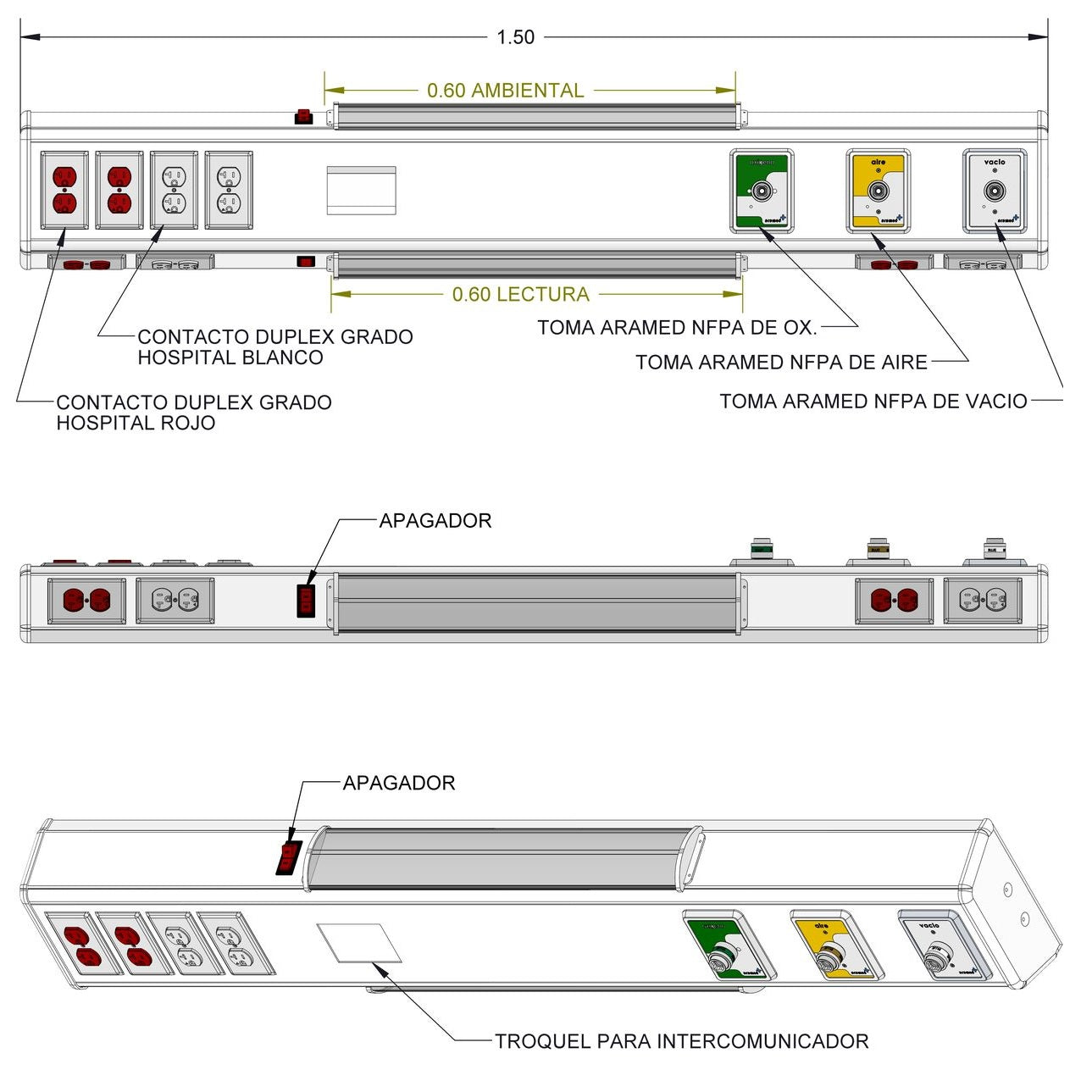 Consola 4 V delta de 150 cm  3 tomas NFPA (oxigeno/aire/vacio) 8 contactos duplex grado medico (4 blancos y 4 rojos) con troquel para intercomunicador