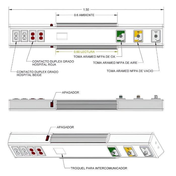 Consola de 4 V delta de 150 cm para cuarto de hospital con tomas de aire, oxígeno, vacío y contactos con iluminación ambiente.