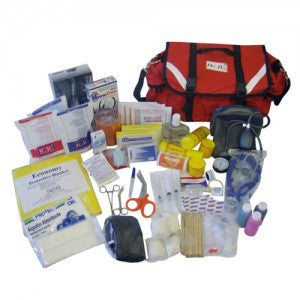 Mochila botiquín roja "Medilite" de Beracah Medica, mochila equipada con compartimentos para primeros auxilios.