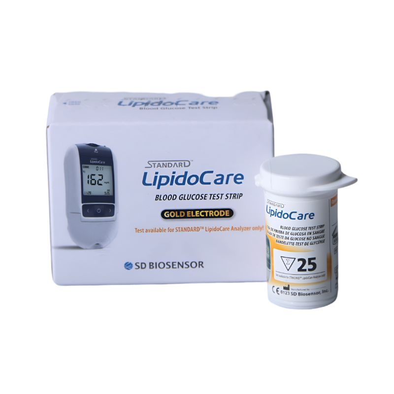 Tira reactiva SD para LipidoCare, prueba de glucosa, 50 tiras, marca Beracah Medica, muestra las tiras en su envase.