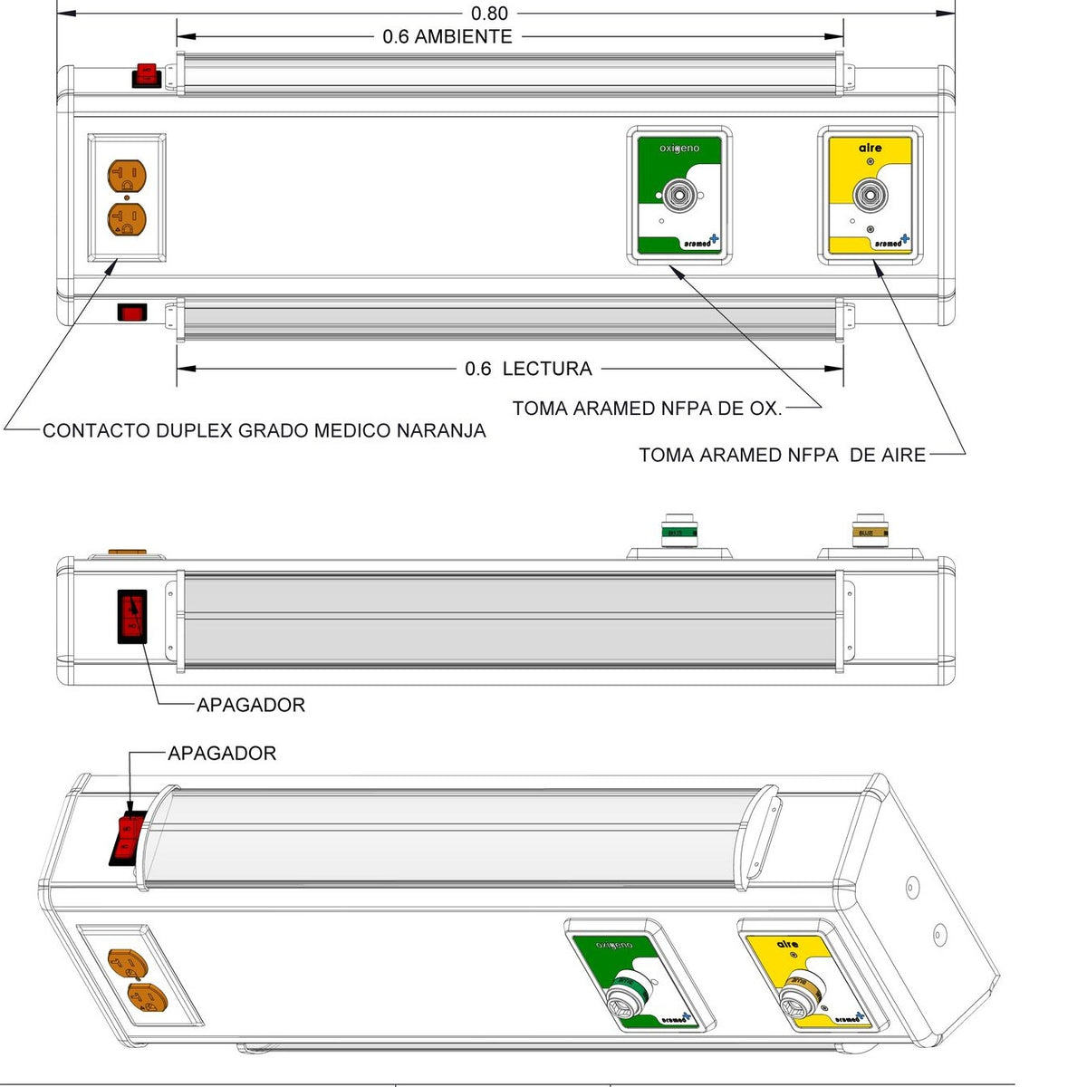 Consola para cuarto de hospital Beracah Medica, 4 tomas oxígeno/aire, contacto duplex, lámparas de lectura y ambiental, apagadores