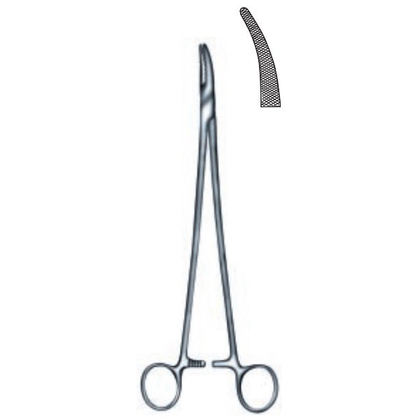 Porta agujas curva de 21 cm de la marca Beracah Medica, con compartimentos para organizar agujas de forma segura.