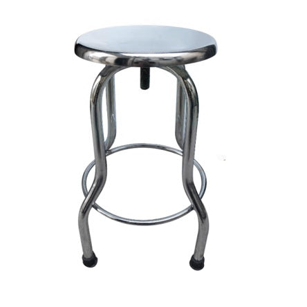 Banco giratorio sin respaldo de 4 patas de acero inoxidable de la marca Beracah Medica, con asiento redondo y base estable.