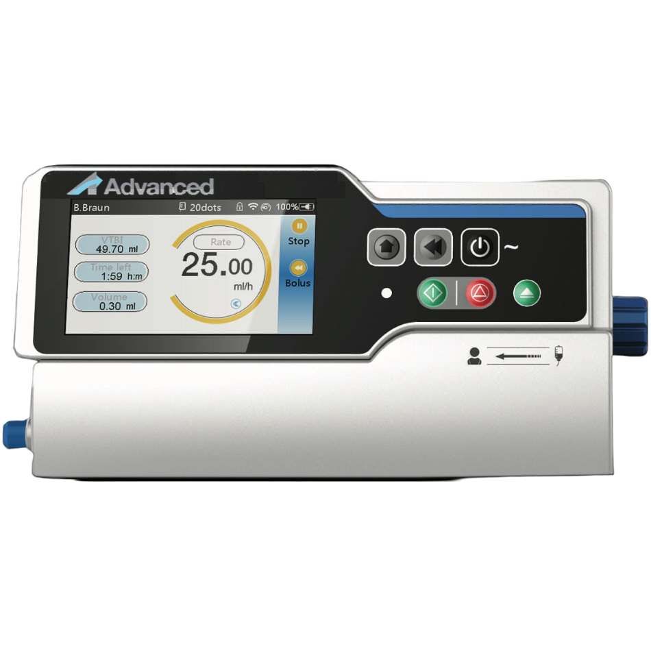 Bomba de infusión Beracah Medica con pantalla táctil de 4 pulgadas, modelo IP200, en color blanco y negro, mostrando controles.