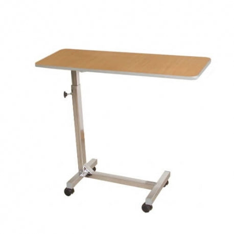 Mesa puente para alimentos de madera de la marca Beracah Medica, con superficie cubierta y estructura resistente.