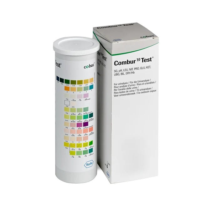 Tiras reactivas Combur Test M U 411 para análisis de orina, paquete con 100 pruebas rápidas de Beracah Medica.